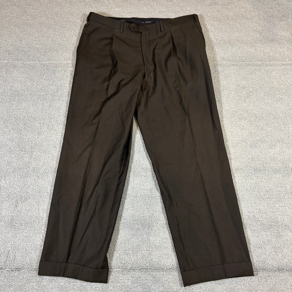 Trussini Mens Brown Wool Pleated Dress Pants Made in Italy Micro Check 37x30